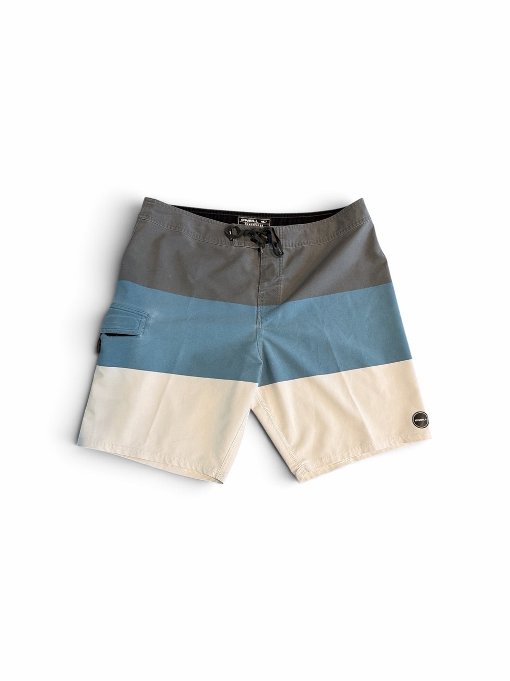 O’Neill Color-block Stripe Swim Trunks - Gray/Blue/Cream size 34